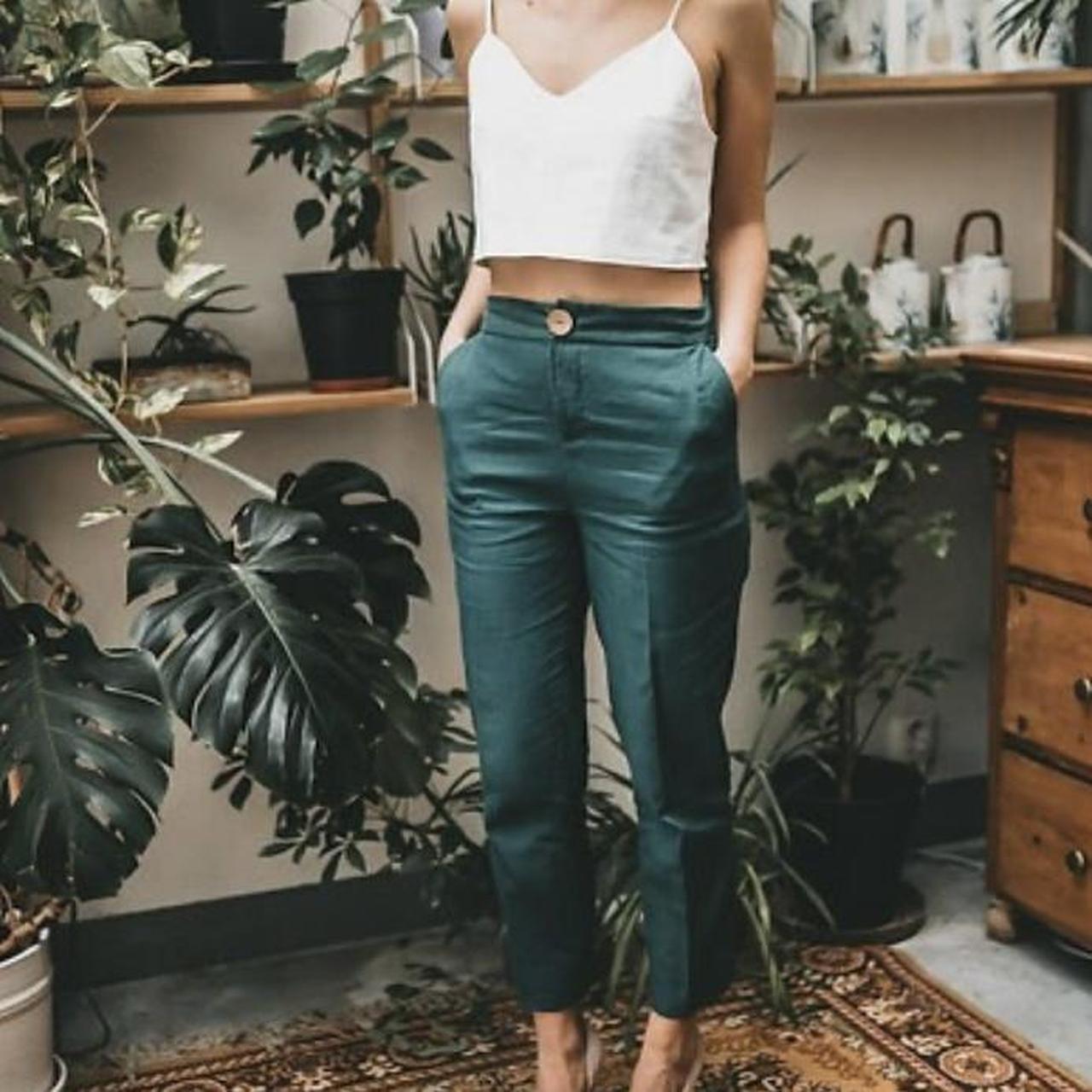 Reformation Women's High waisted Capri Pants - Green/Blue - 4 – AMALKA Designs Teal Green Capri Linen Trousers …