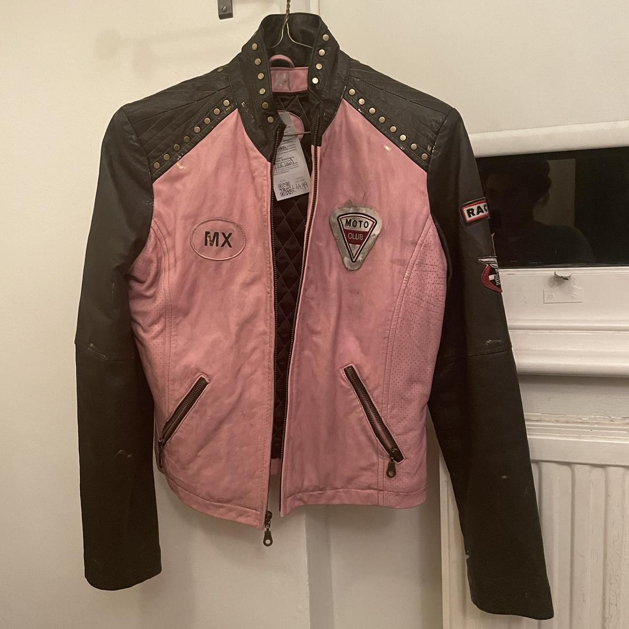 Wilsons Leather Distressed Pink Racer Jacket  - Depop