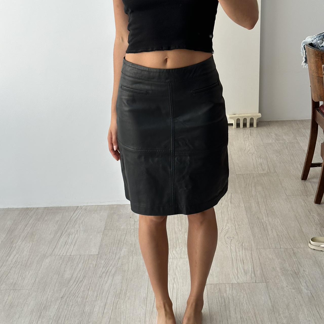 Jacqui E Midi black leather skirt. Size 8 - Depop