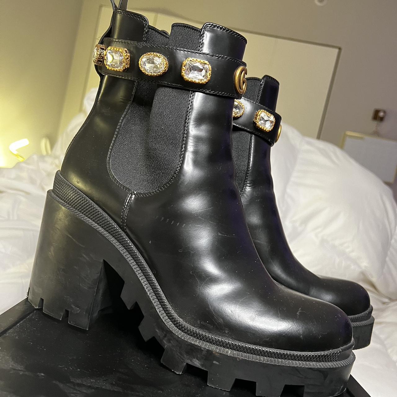 Gucci Leather Ankle Boot With Jeweled Belt Platform