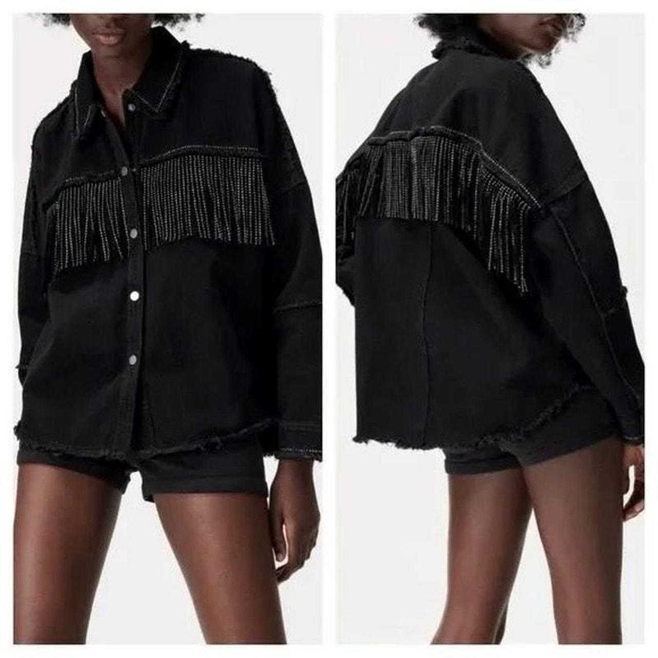 Black denim fringe jacket hotsell