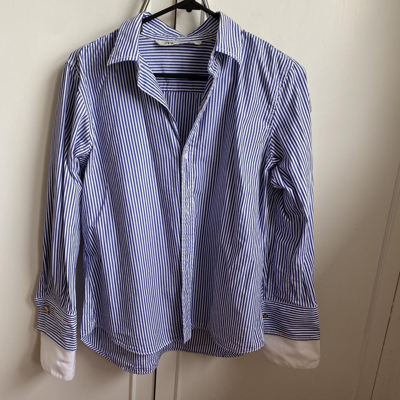 Zara blue and white striped shirt with white and... - Depop