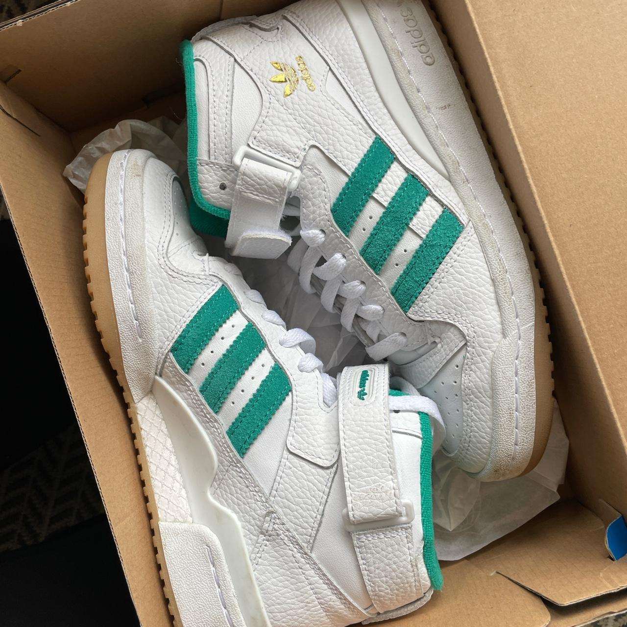 Adidas high top white and turquoise trainers Size 4... - Depop