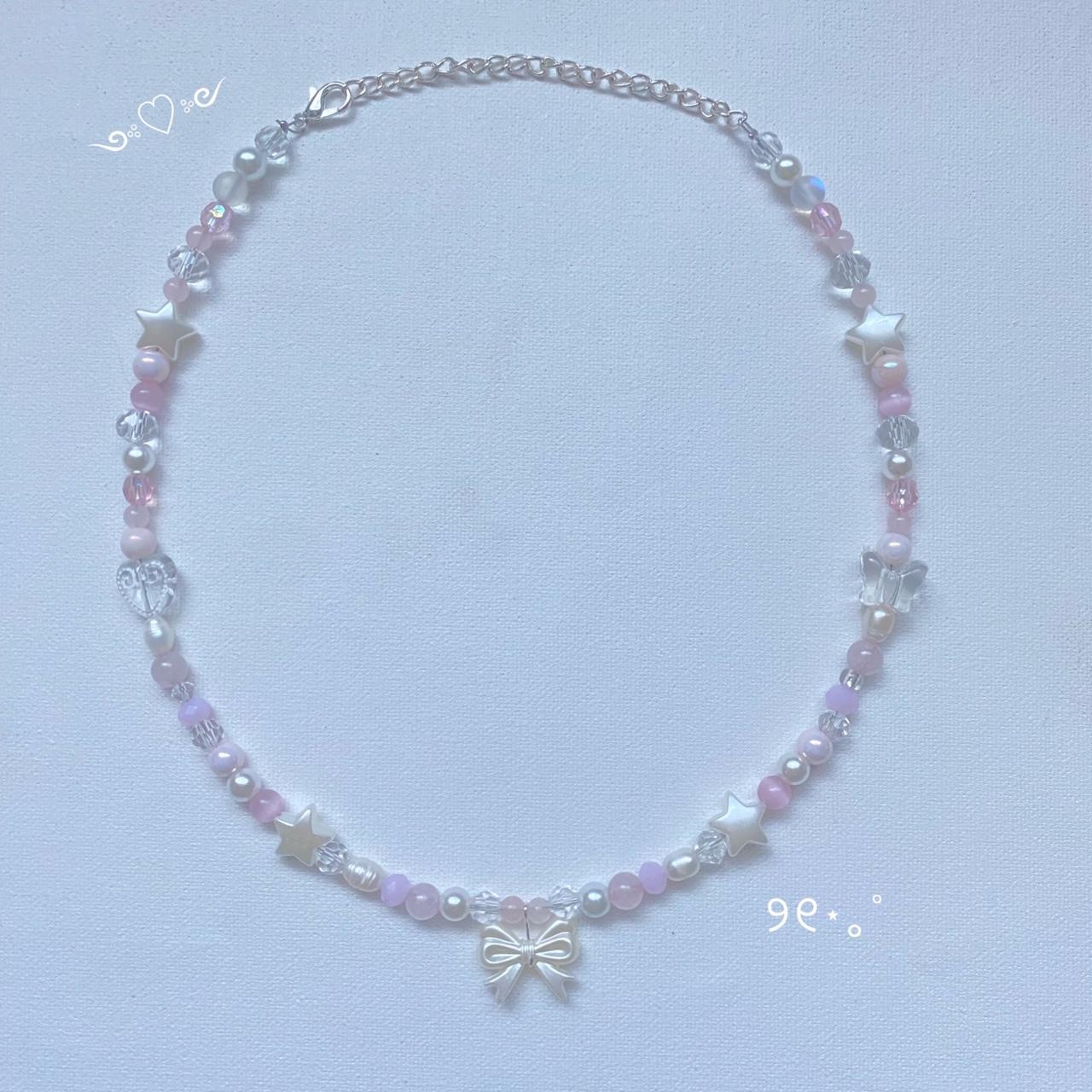 Coquette pink bow necklace ༺♡︎༻ 19 in and adjustable... - Depop