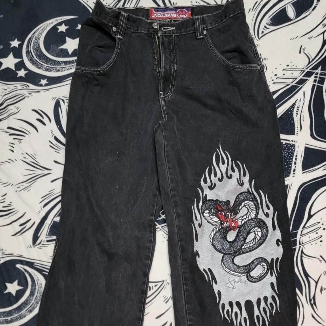 Jnco tribal snake print jeans, tagged 32/32, baggy... - Depop