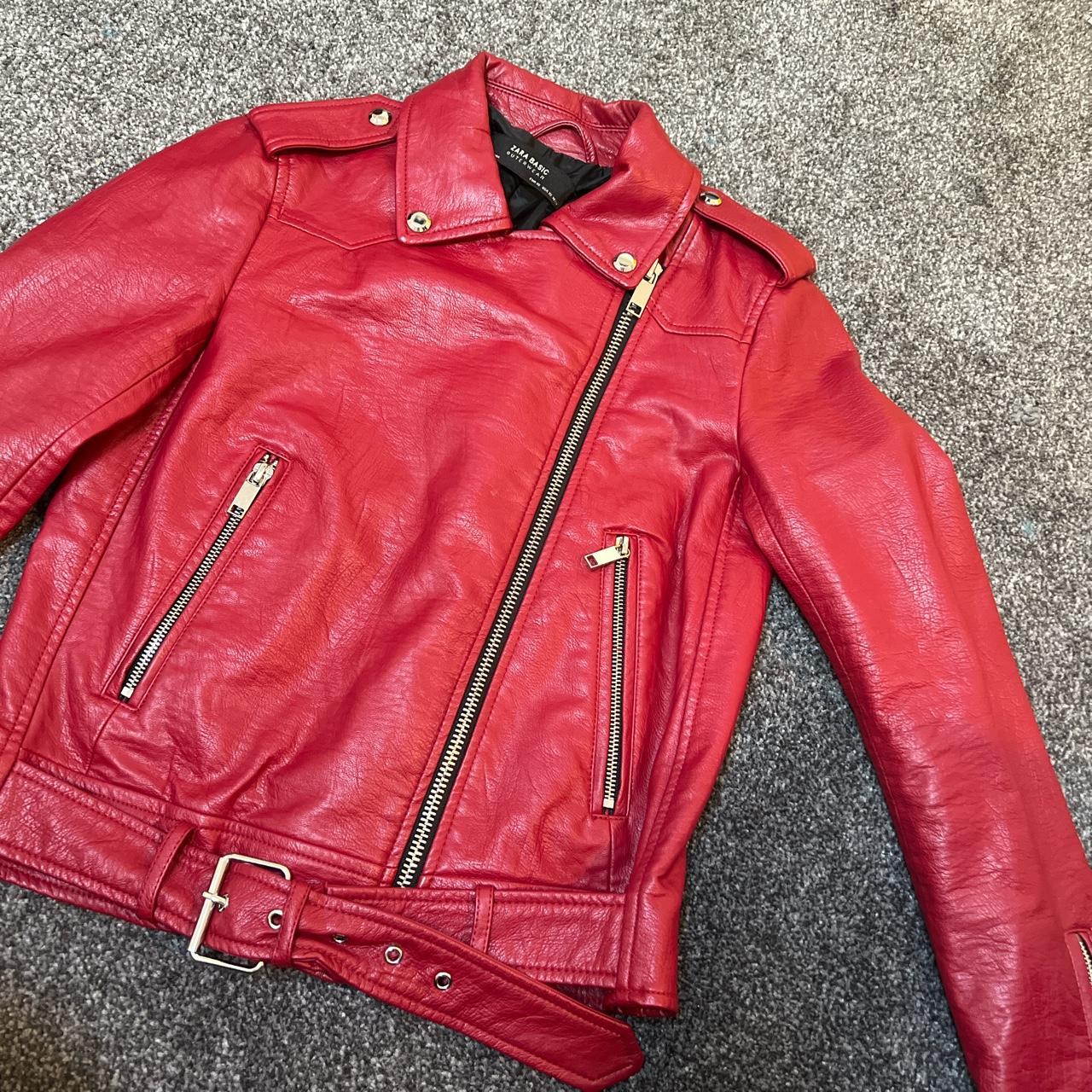 Zara leather jacket in red/burgundy, size XS Worn a... Depop