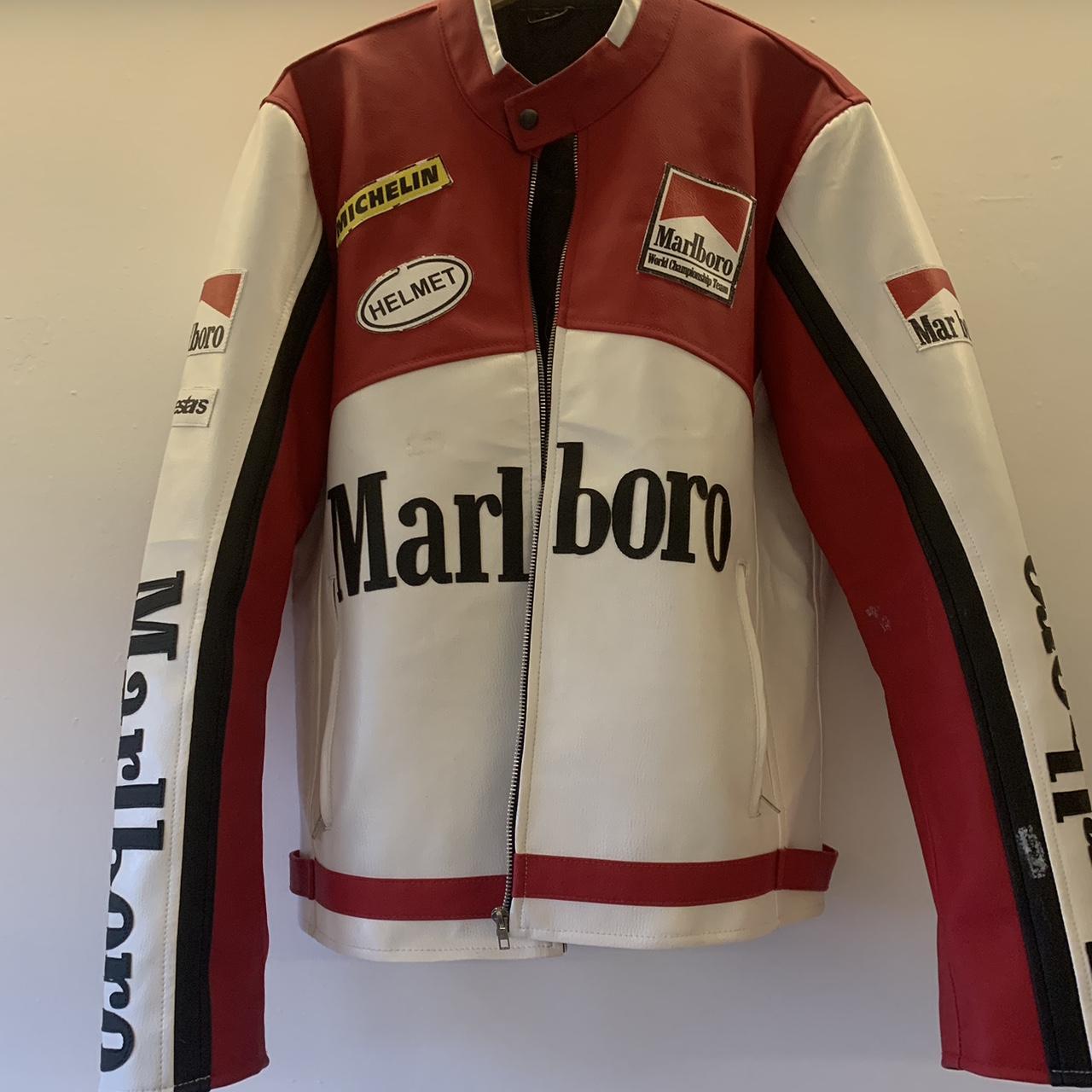 Motorbike style leather jacket Marlboro print Vegan... - Depop