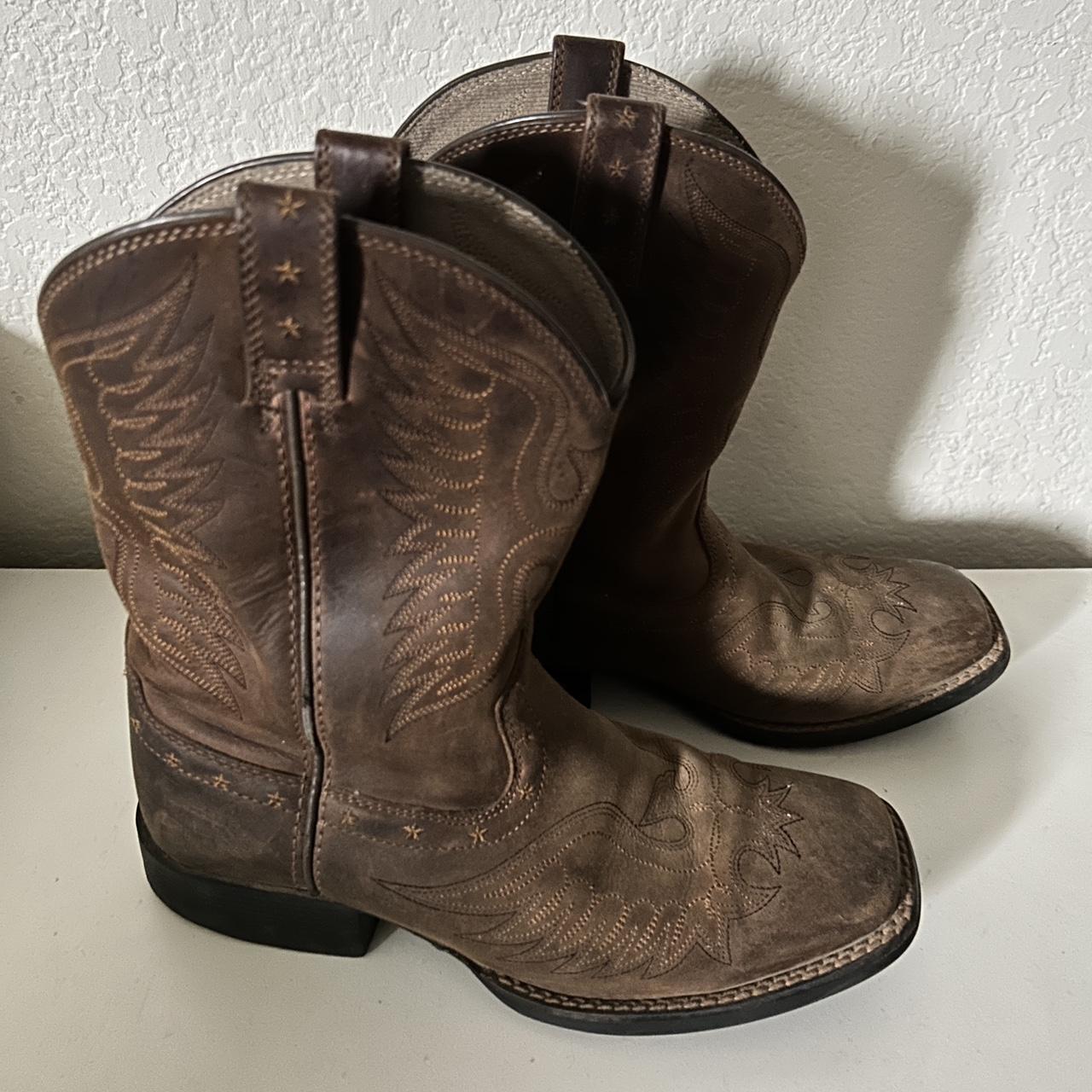 Brown leather cowboy boots Square toe Men’s 4 so... - Depop