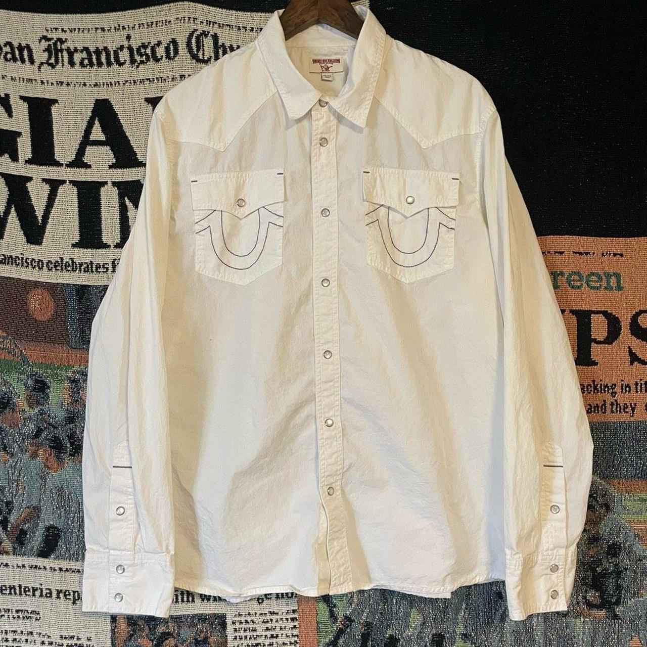 True Religion White Long Sleeve Button Snap Shirt... - Depop