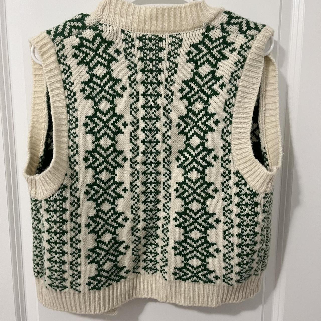 printed green and white sweater vest, lightly worn - Depop