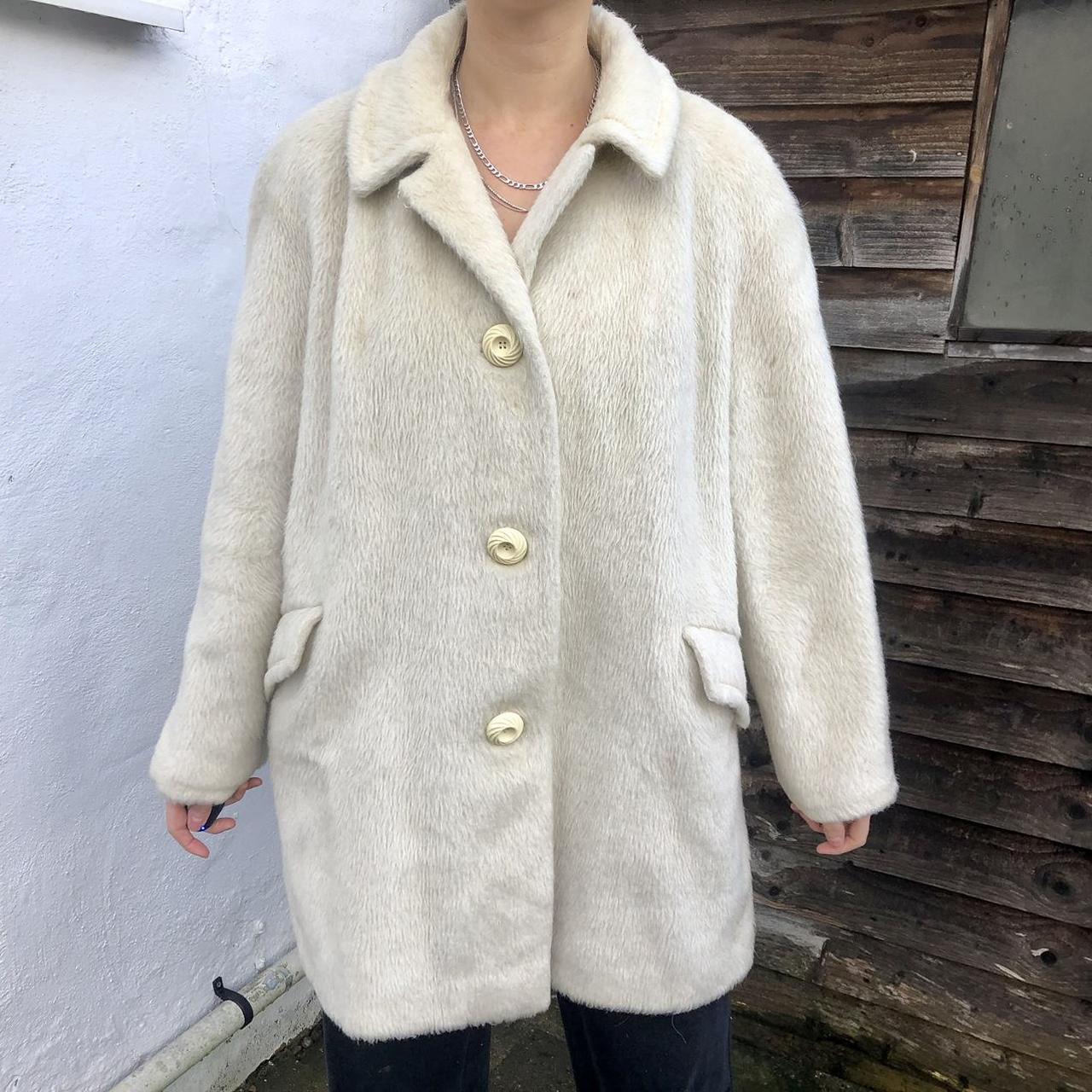 Vintage faux fur coat, white with button closure.... - Depop