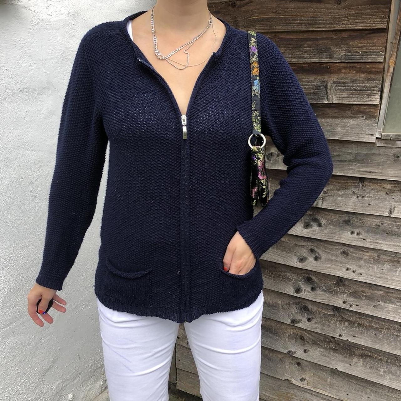 Vintage knitted navy cardigan with zip up closure +... - Depop