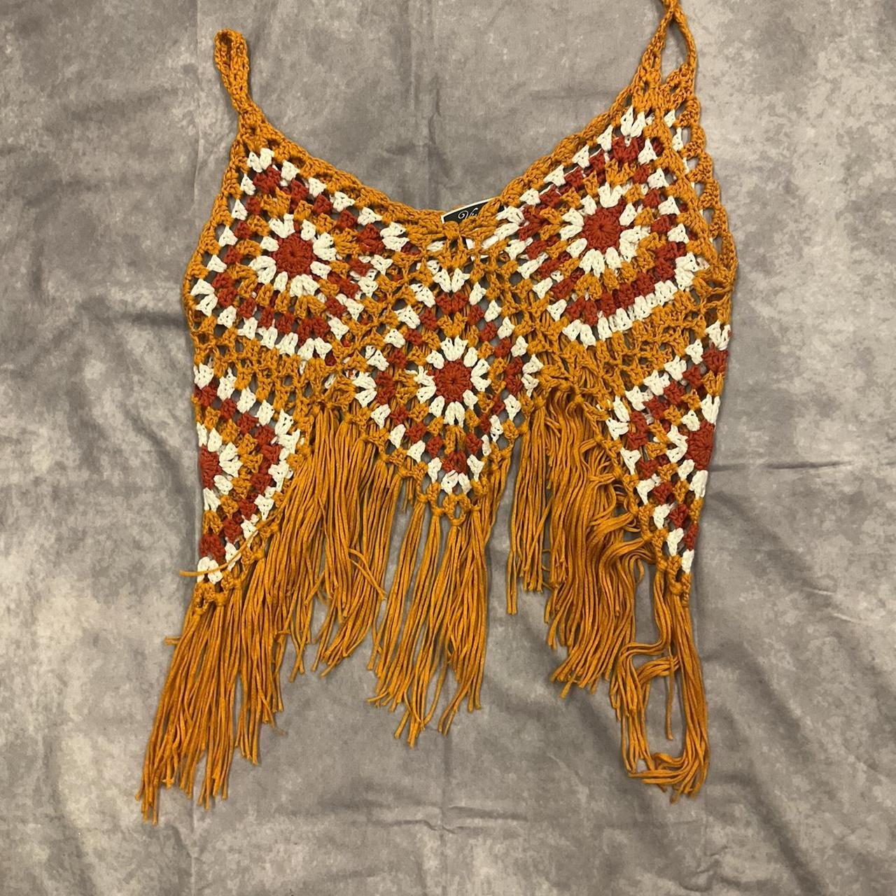 Orange crochet fringe top Depop