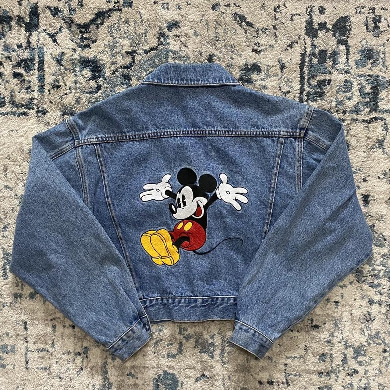Denim embroidered Mickey Mouse jacket size large in... - Depop