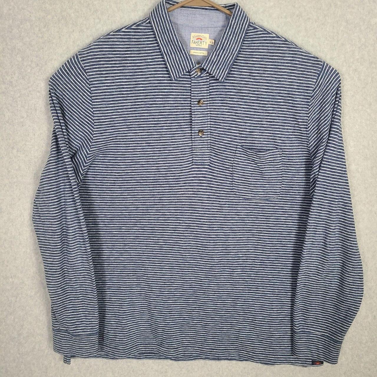 FAHERTY MENS POLO SHIRT HEATHER BLUE STRIPED LONG... - Depop