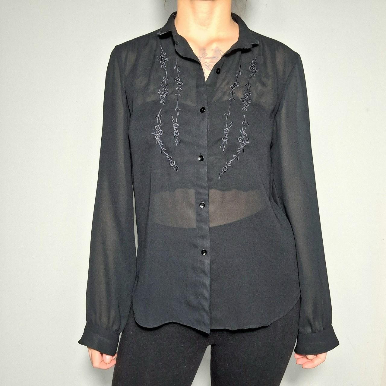 Vintage 1970's embroidered sheer black blouse by... - Depop
