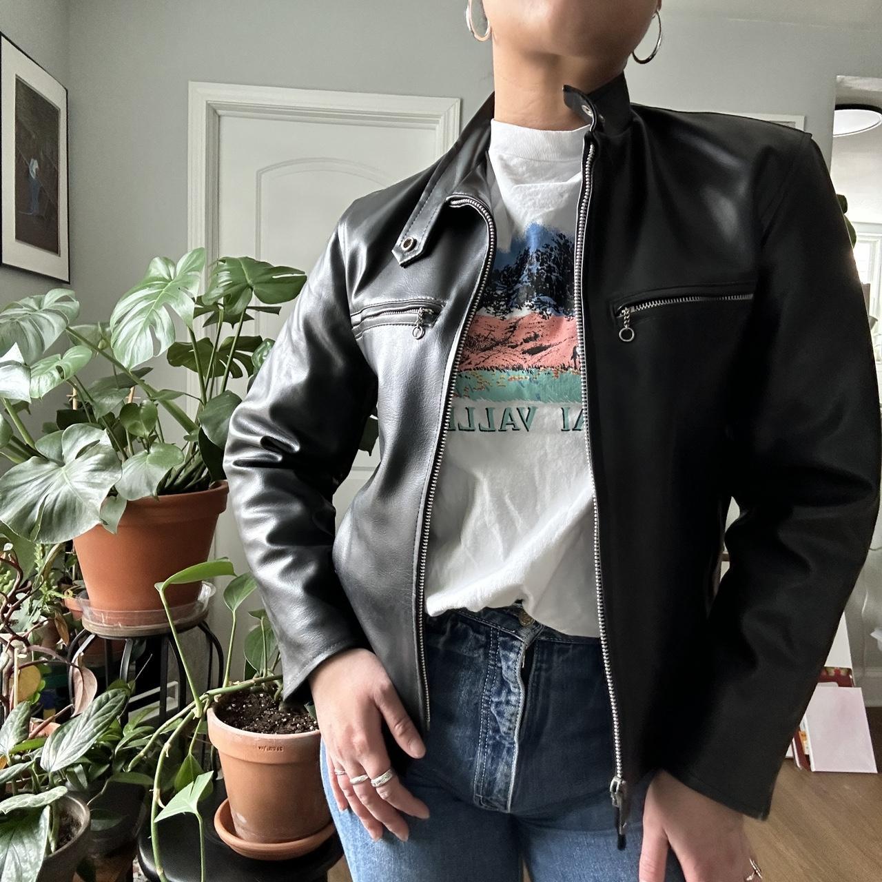 1960s vintage motorcycle faux leather black jacket.... - Depop