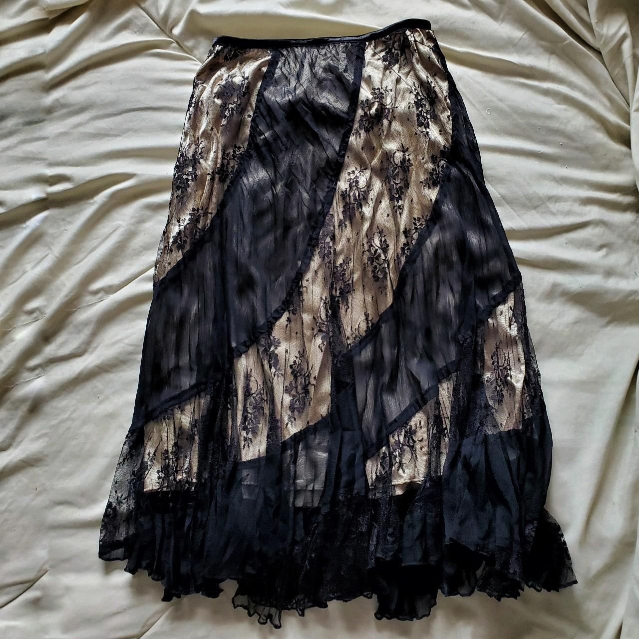 Vintage black lace and silk midi patchwork skirt... - Depop