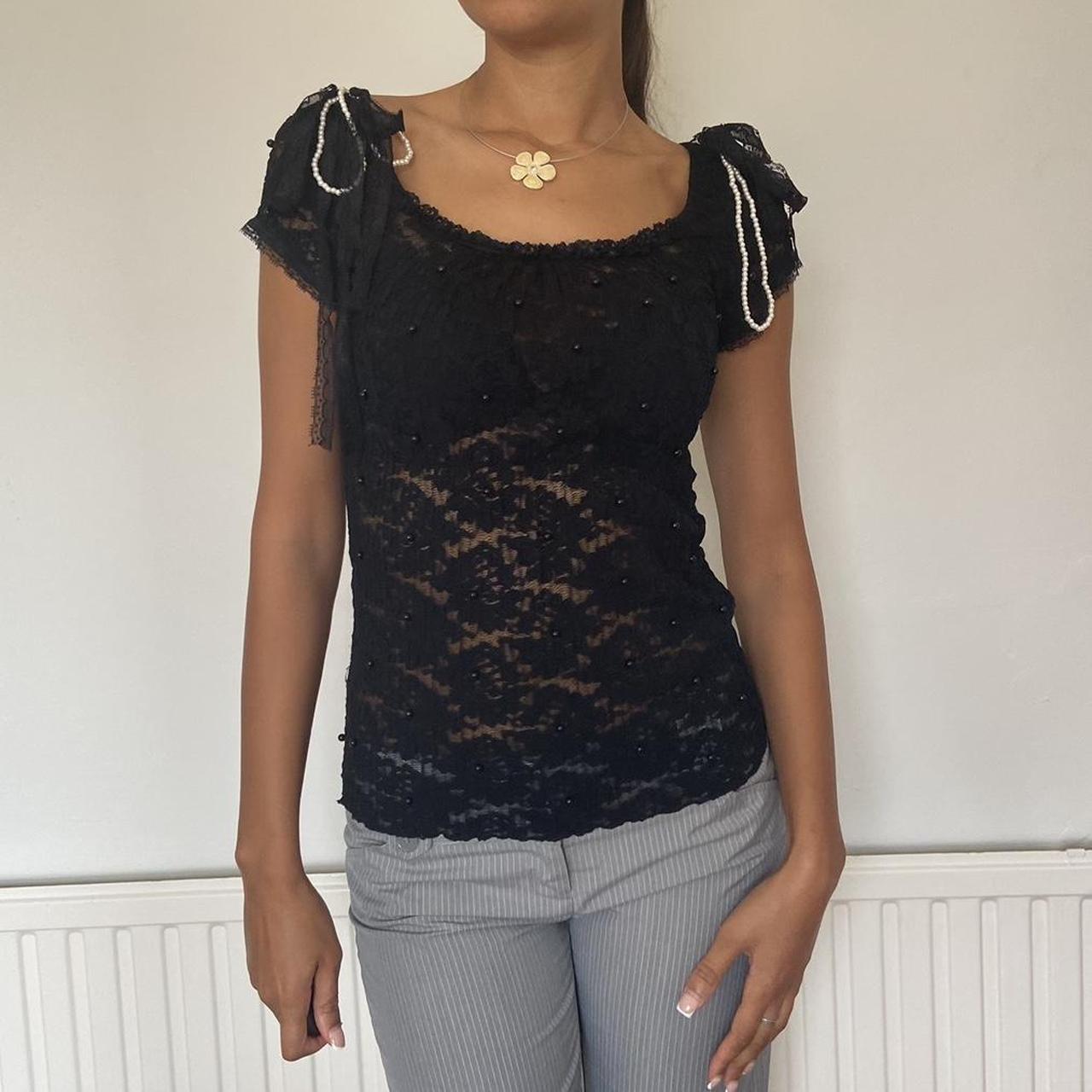 Cute y2k lace beaded pearl bow top coquette depop
