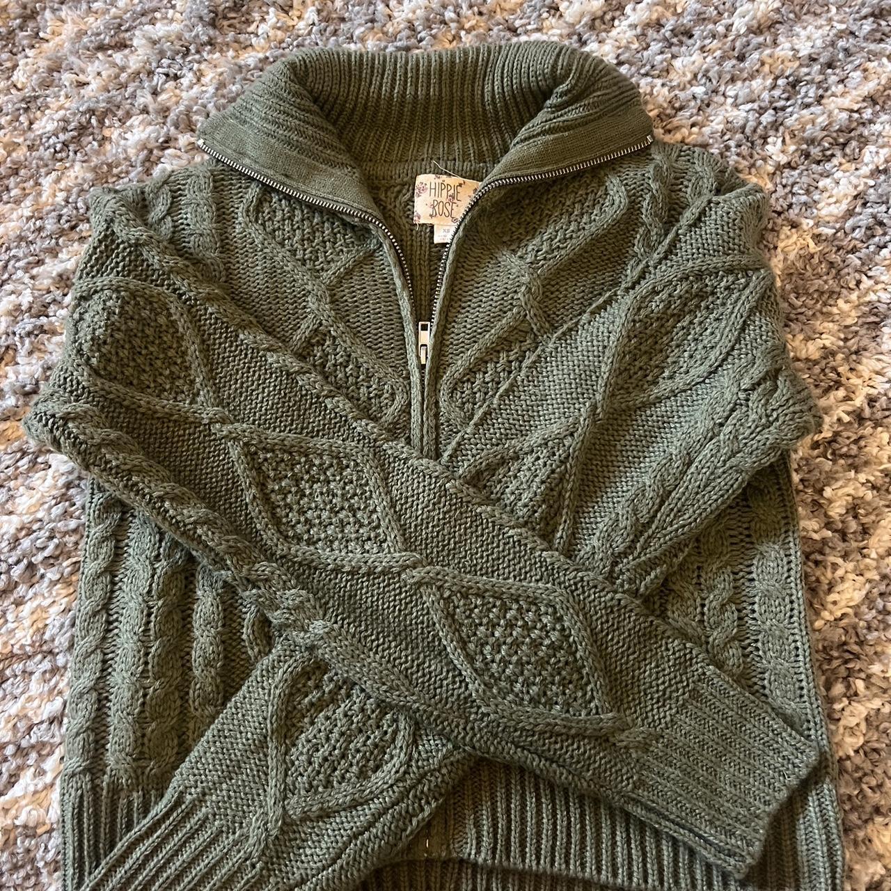 Green zip up crochet sweater Basically brand new Depop