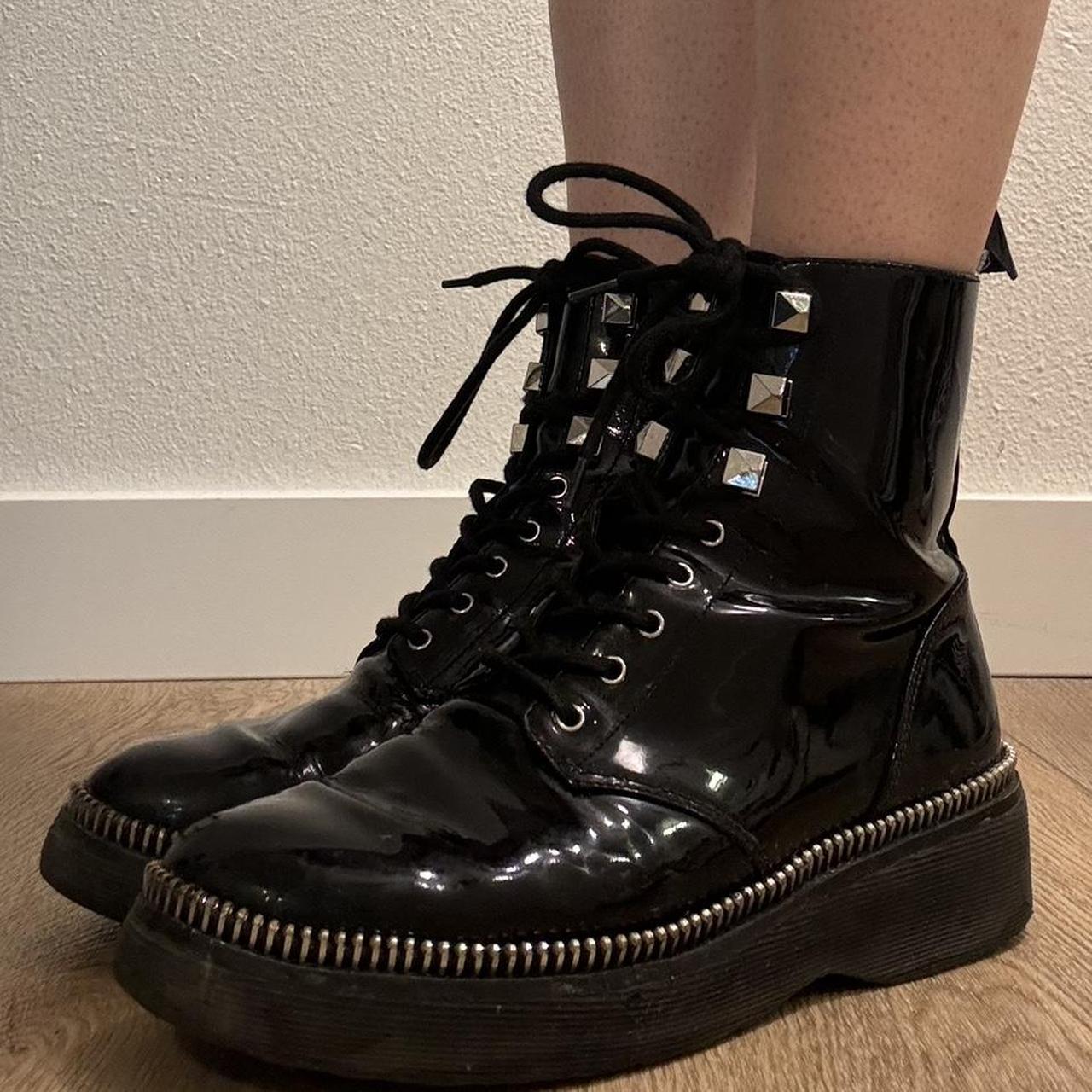 Black Patent Leather Boots with Silver Zipper. Depop