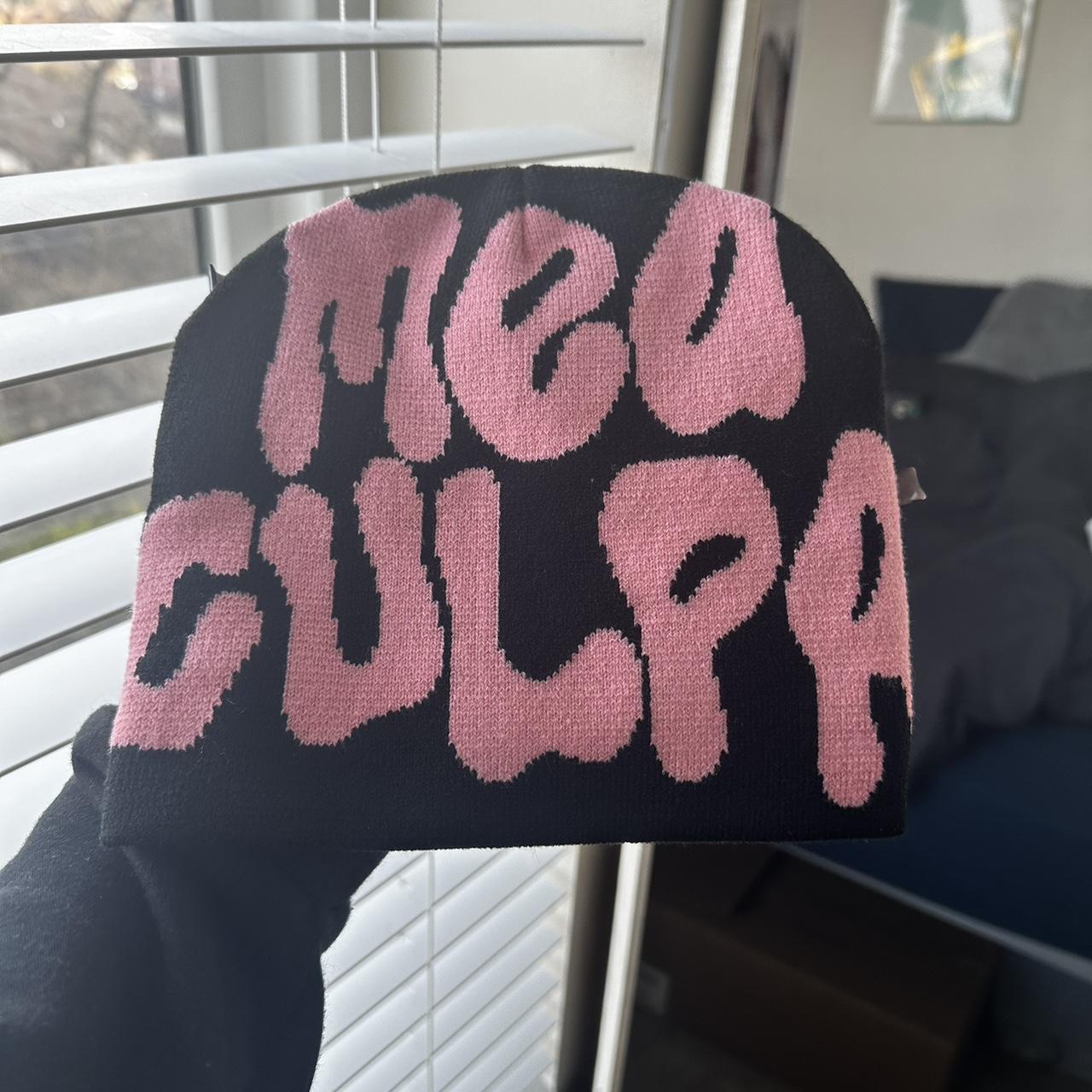 Black and pink mea culpa beanie - Depop