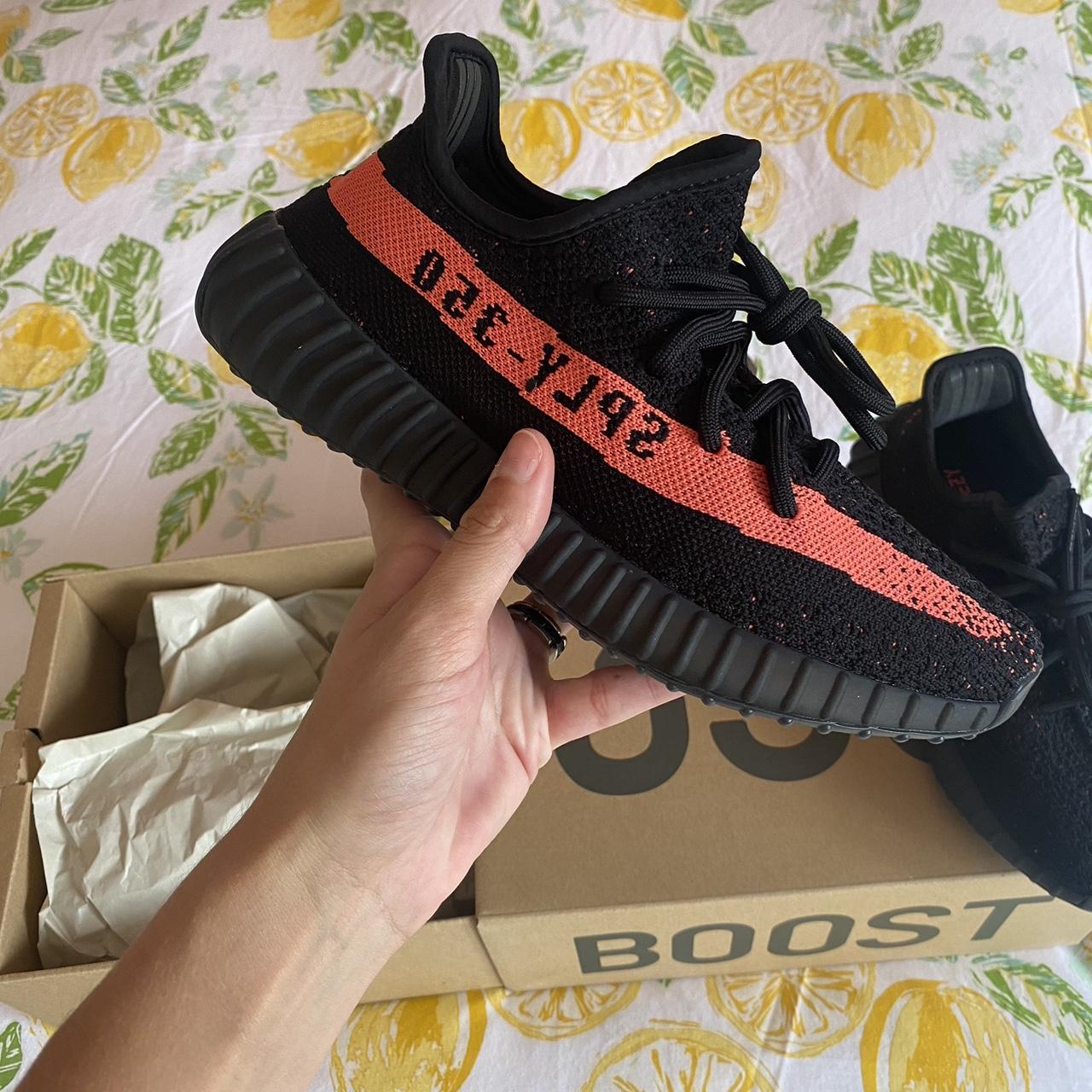 yeezy black and red shoes
