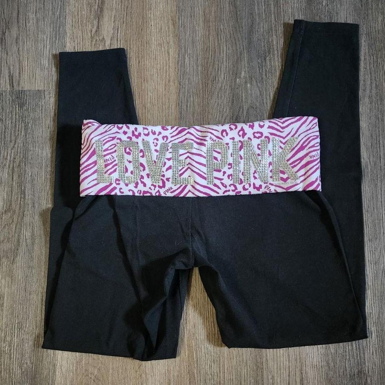 PINK Victorias Secret Fold Over Leggings Black Grey Rhinestone Logo - size  S