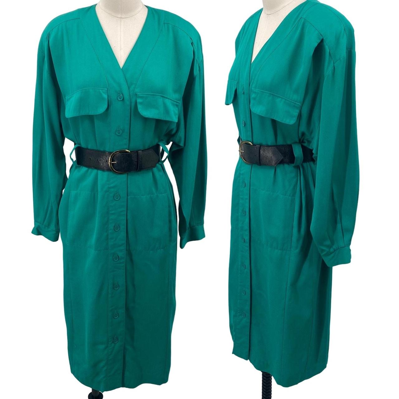 Vintage 80s Teal factory Belted Dress