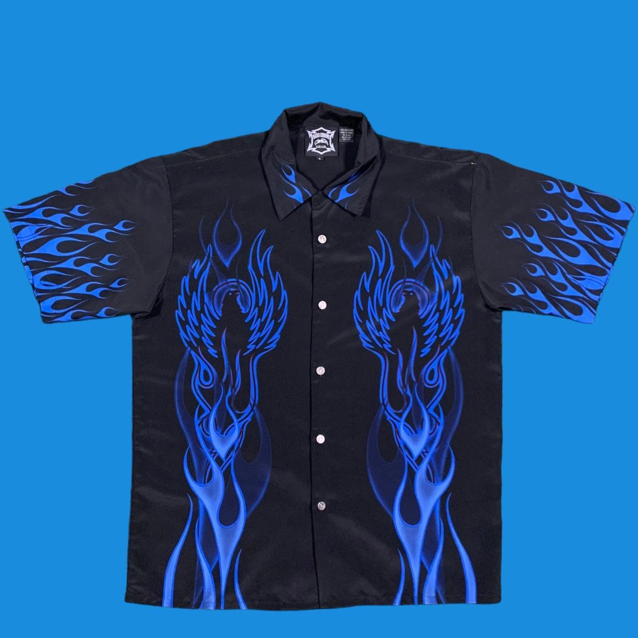 Vintage Blue Flames Button Up Shirt 🔥 🌀Size... - Depop