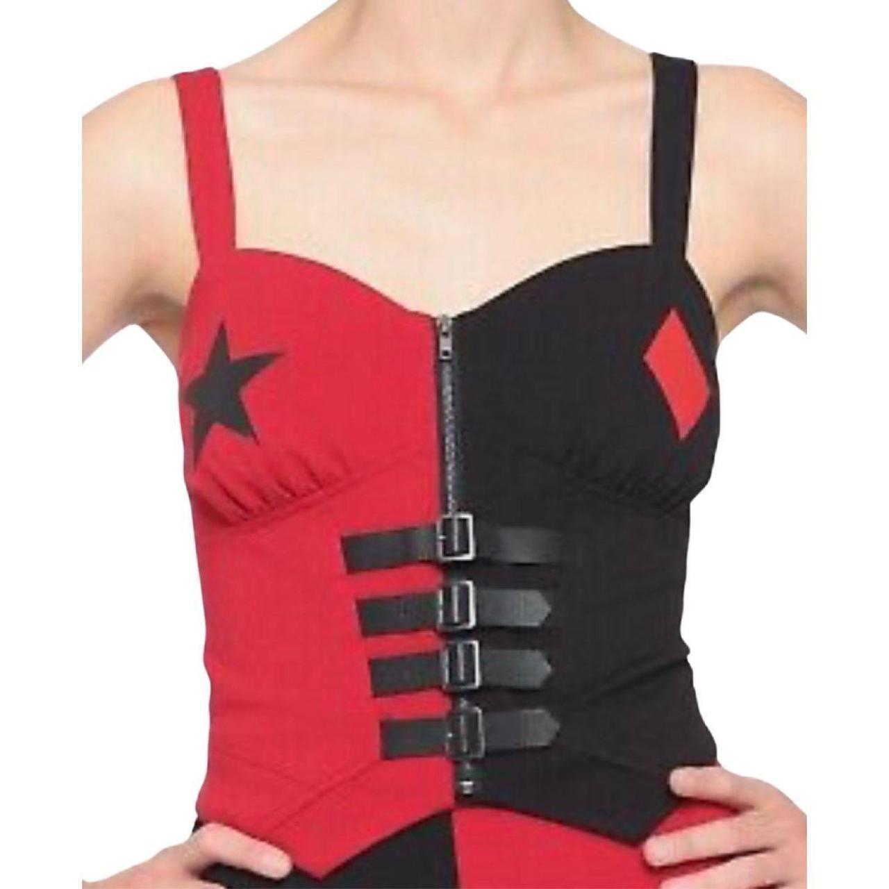 DC Comics Harley Quinn Belted Zip Up Bustier Tank... - Depop