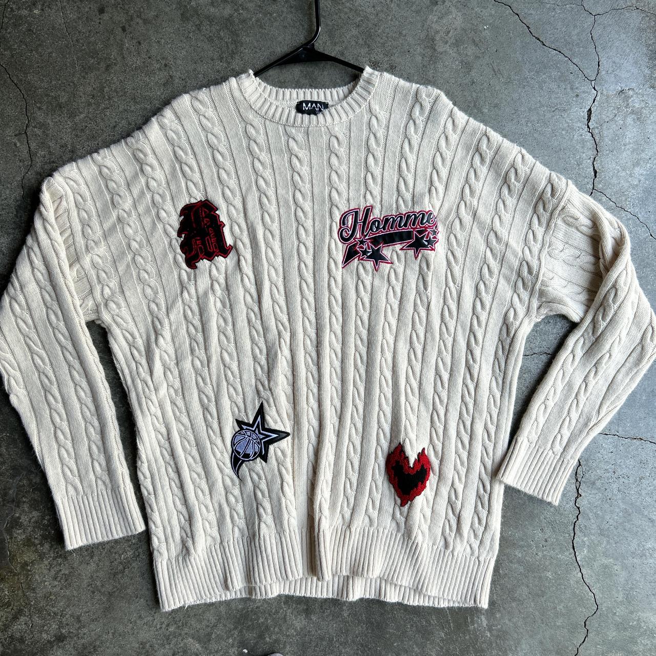 white oversized cable knit sweater with red Depop