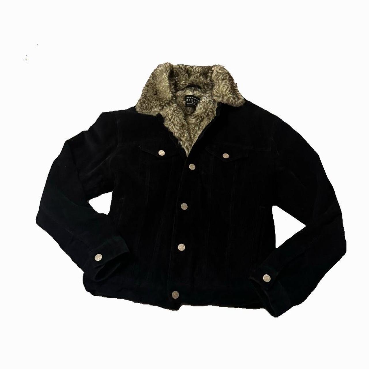 y2k cozy black corduroy jacket with faux fur collar. Depop