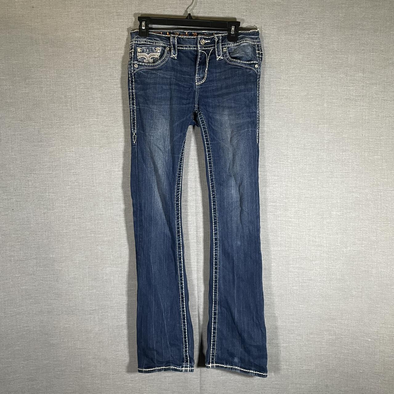 Blue Mid Rise Boot cut Rock Revival Jeans Sz 27 Hole... - Depop