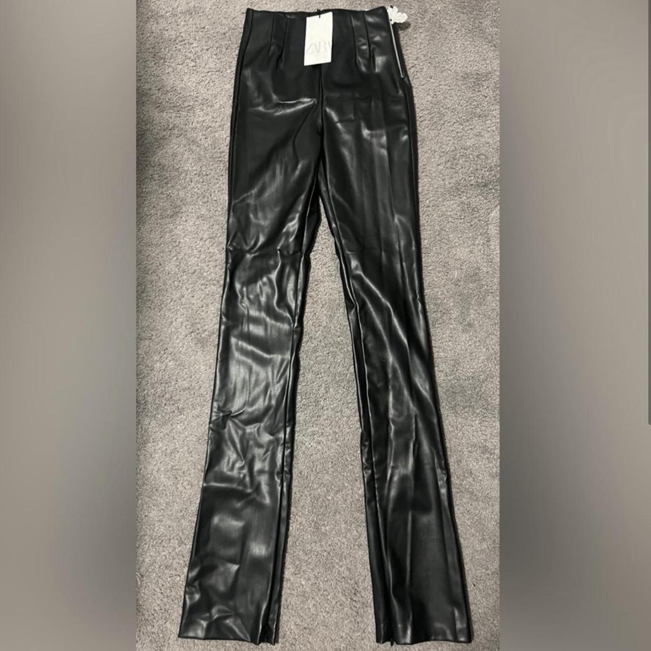 Zara Black Leather Pants with Zippers Size: Small. - Depop