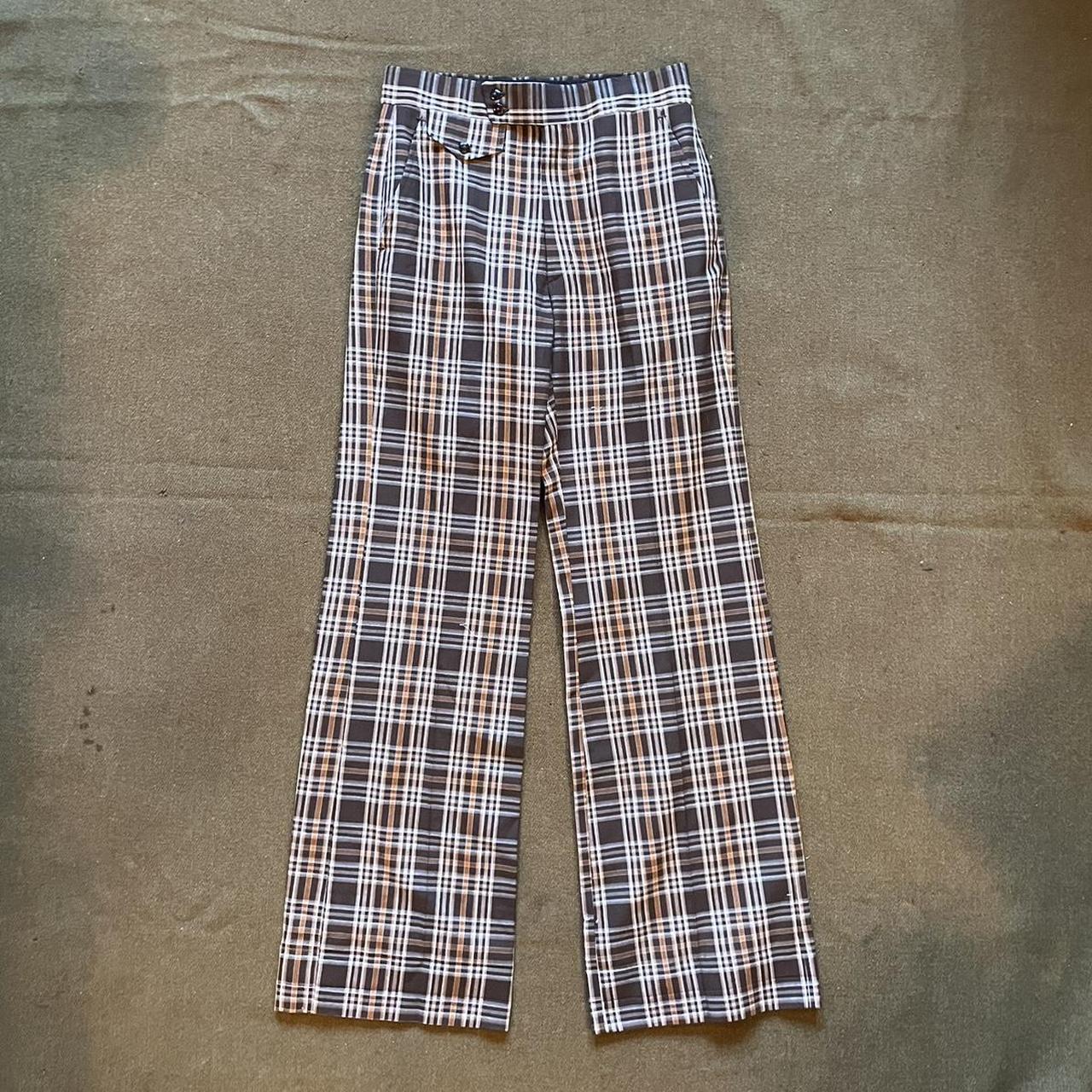 vintage 1970s flare brown with plaid hagar perma... - Depop