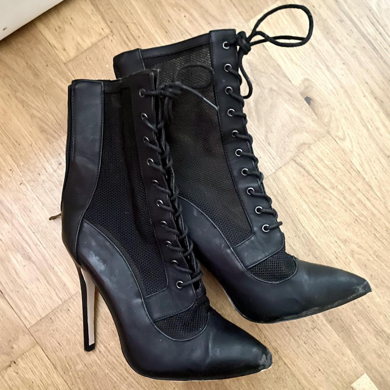 Black mesh lace stiletto heels boots - Depop