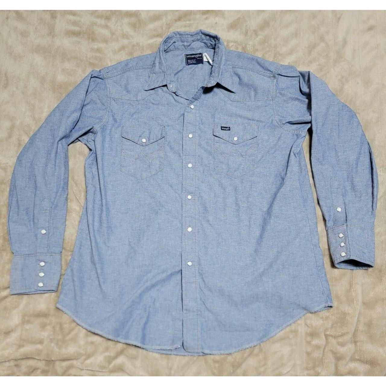 Vintage Mens Blue Wrangler Pearl Snap Button Down Cotton Long offers Sleeve Shirt 17.5