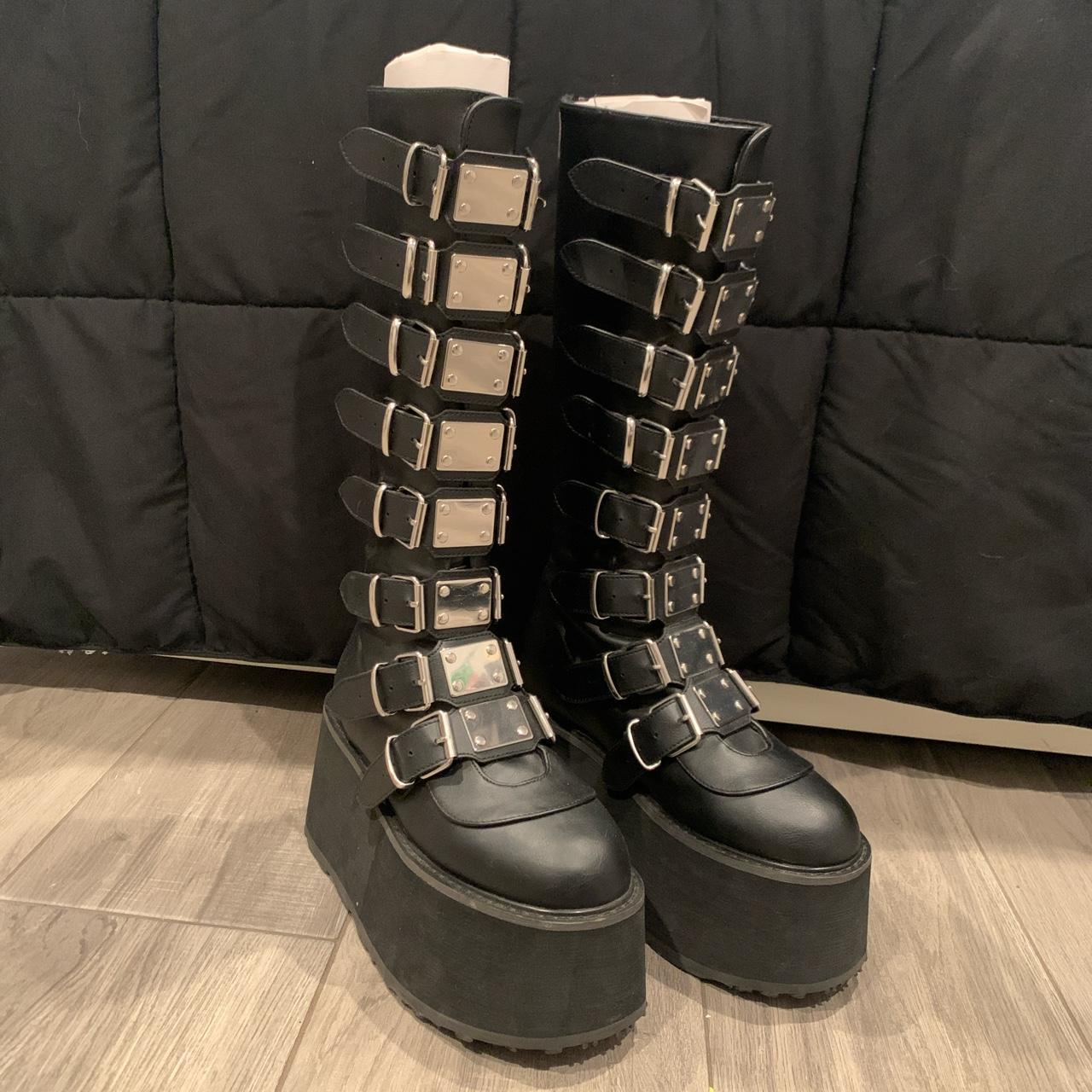 Demonia Womens Black And Silver Boots Depop