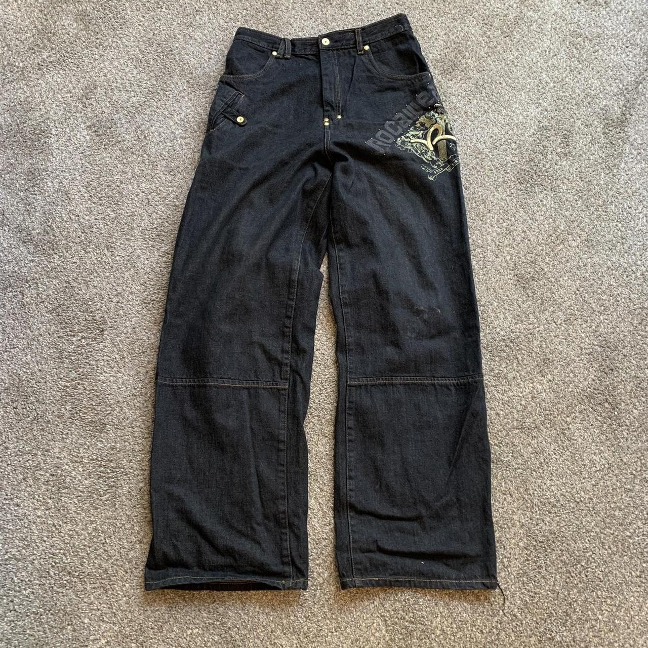 Vintage y2k roca wear baggy black embroidered jeans... - Depop