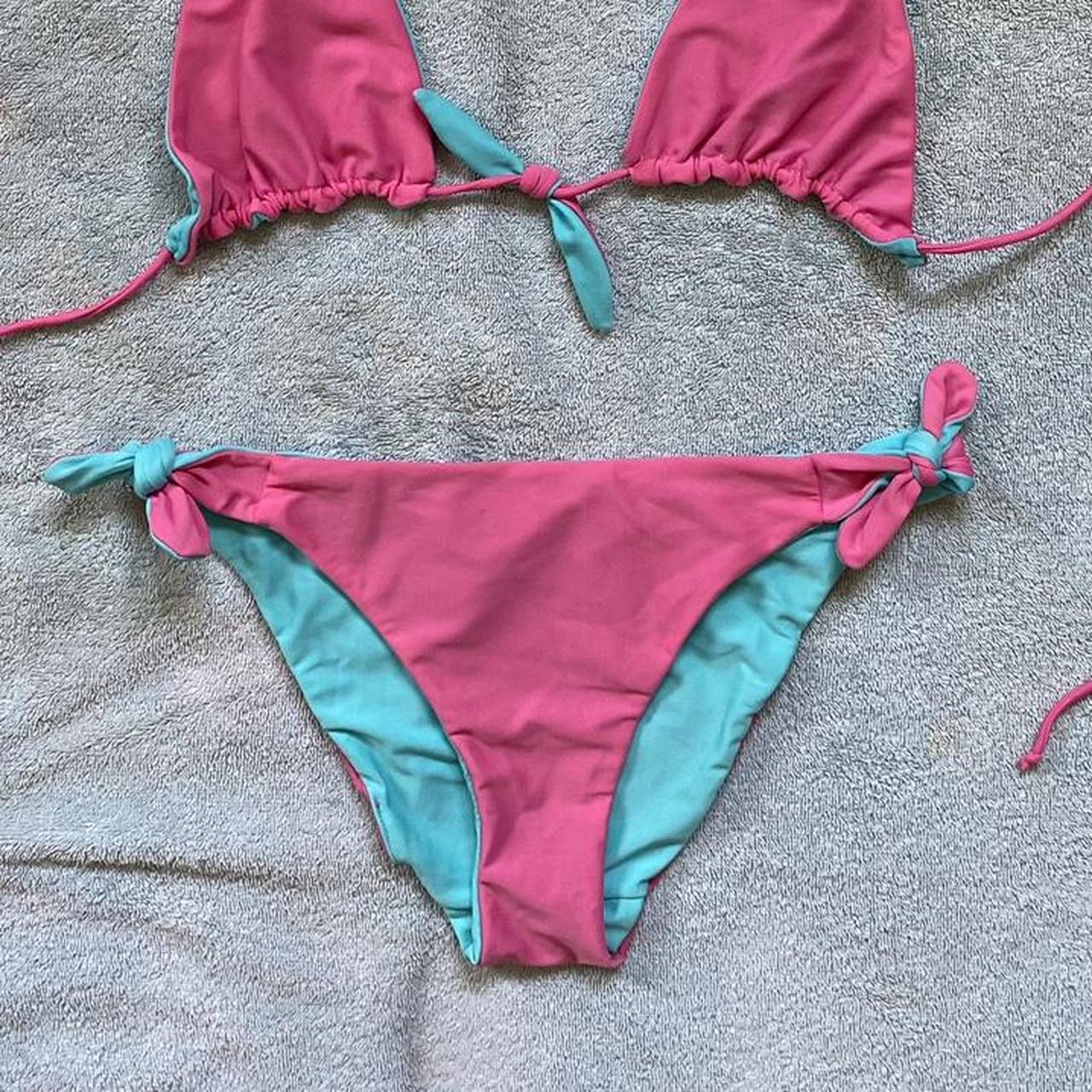 Y2k reversible blue and pink bikini set with cute... - Depop