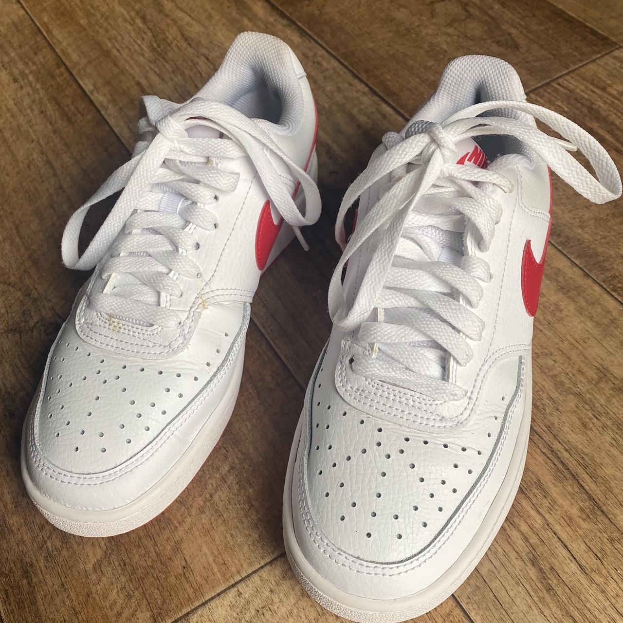 Nike court vision low white red leather trainers... - Depop