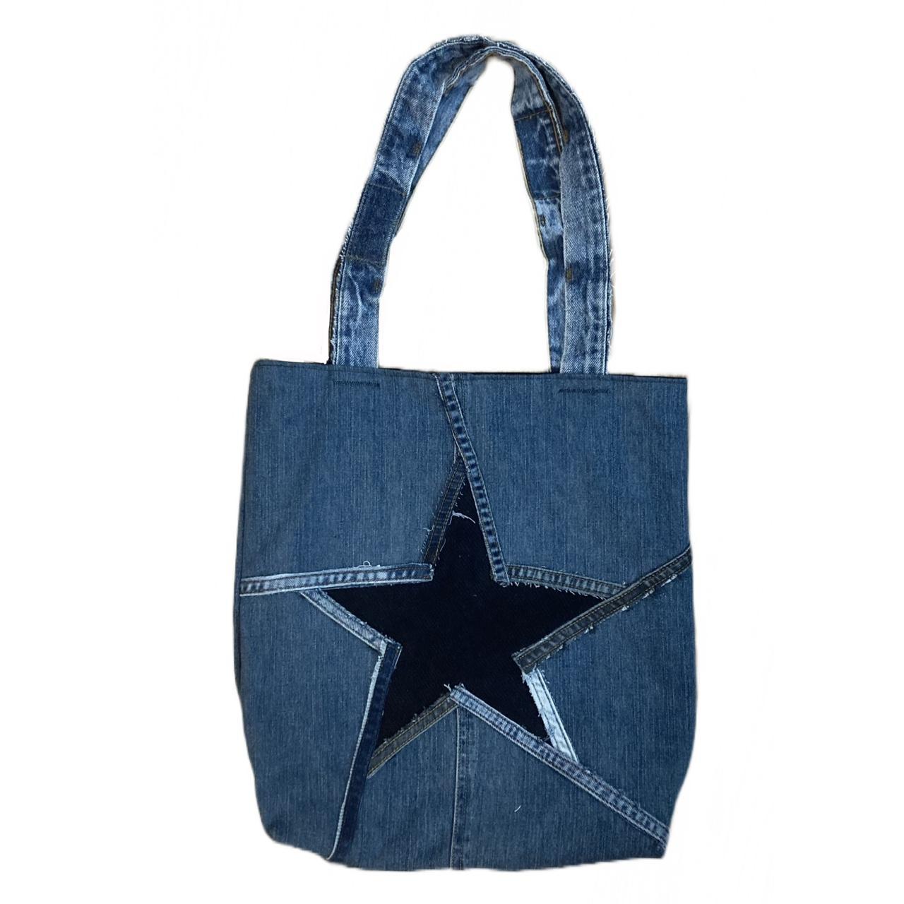 Handmade reworked denim and corduroy black star tote...