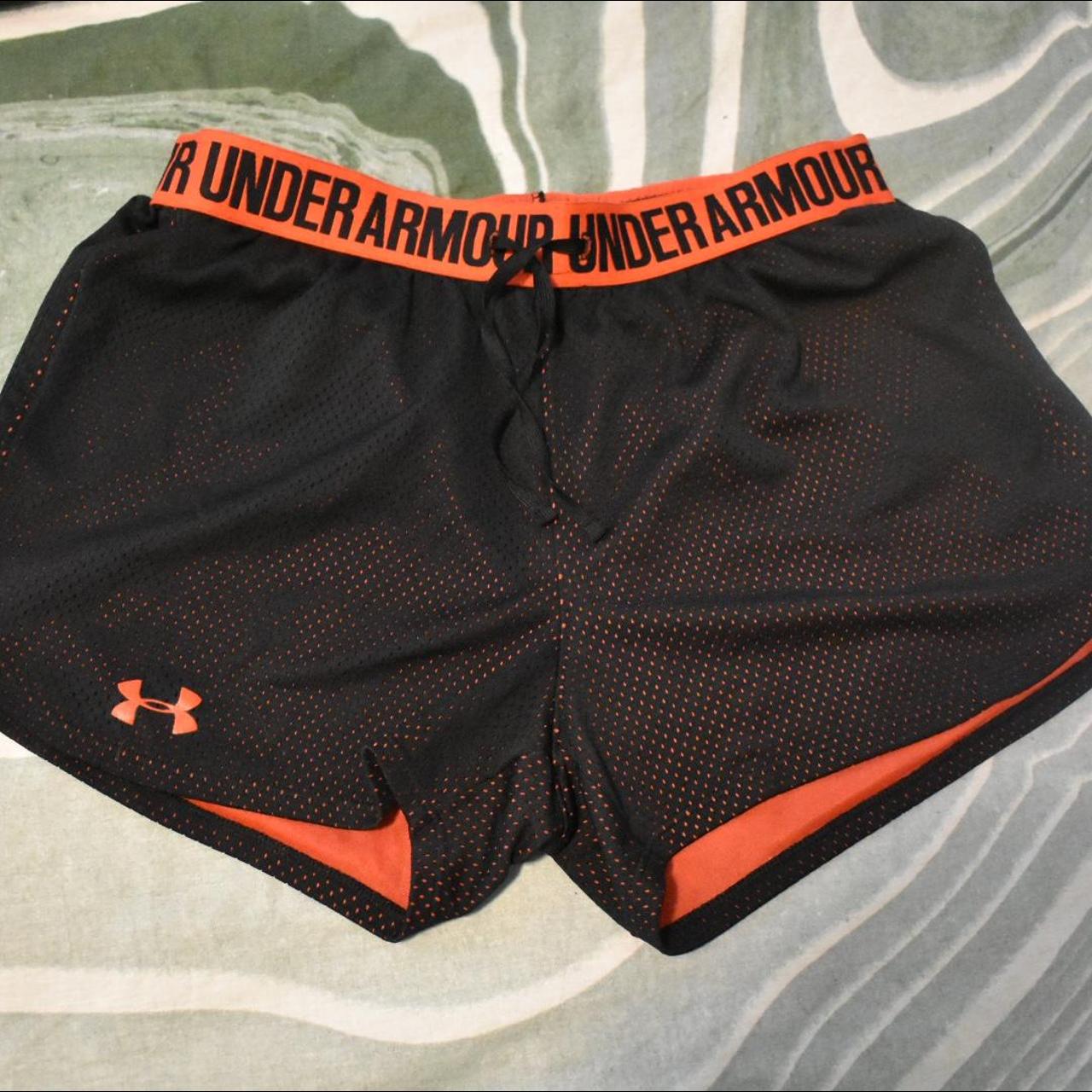 XS women's Under Armour black and red running shorts... - Depop