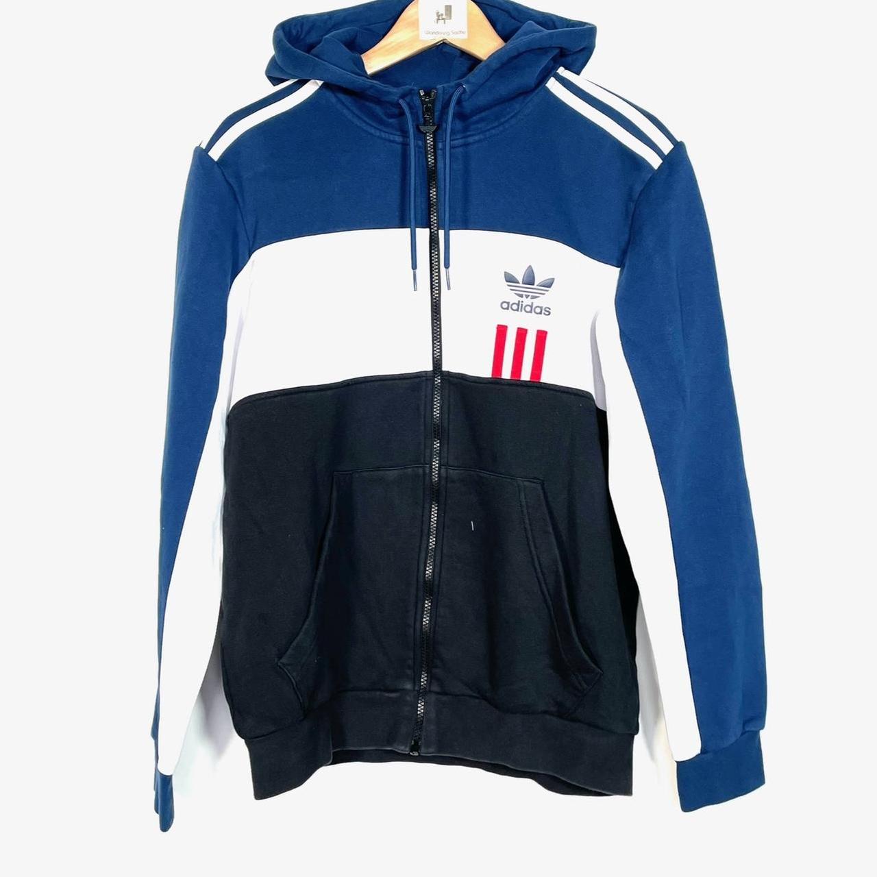 O651 Blue white adidas hoodie zip up Size M #blue... - Depop