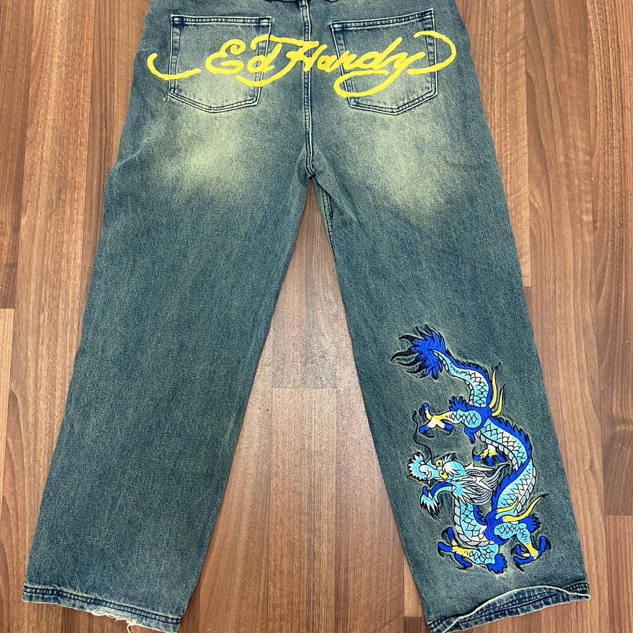 Ed Hardy UO Exclusive Blue Tint Denim Dragon Jeans