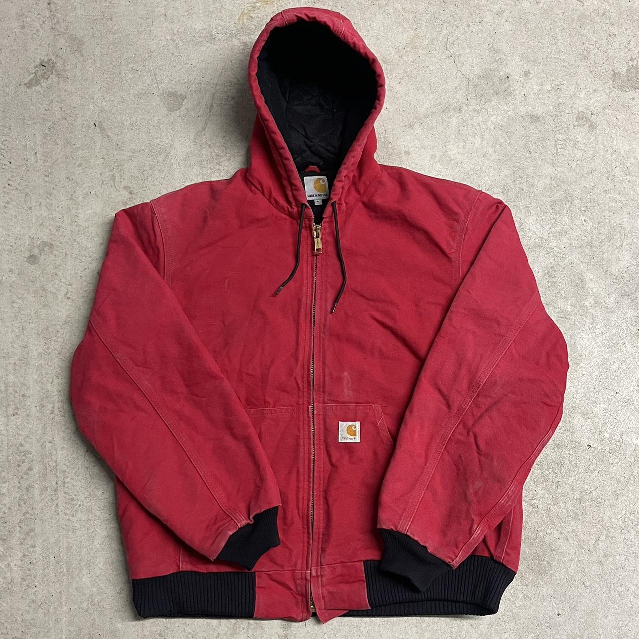 90s Carhartt Red Hooded Canvas Jacket Thermal - Depop