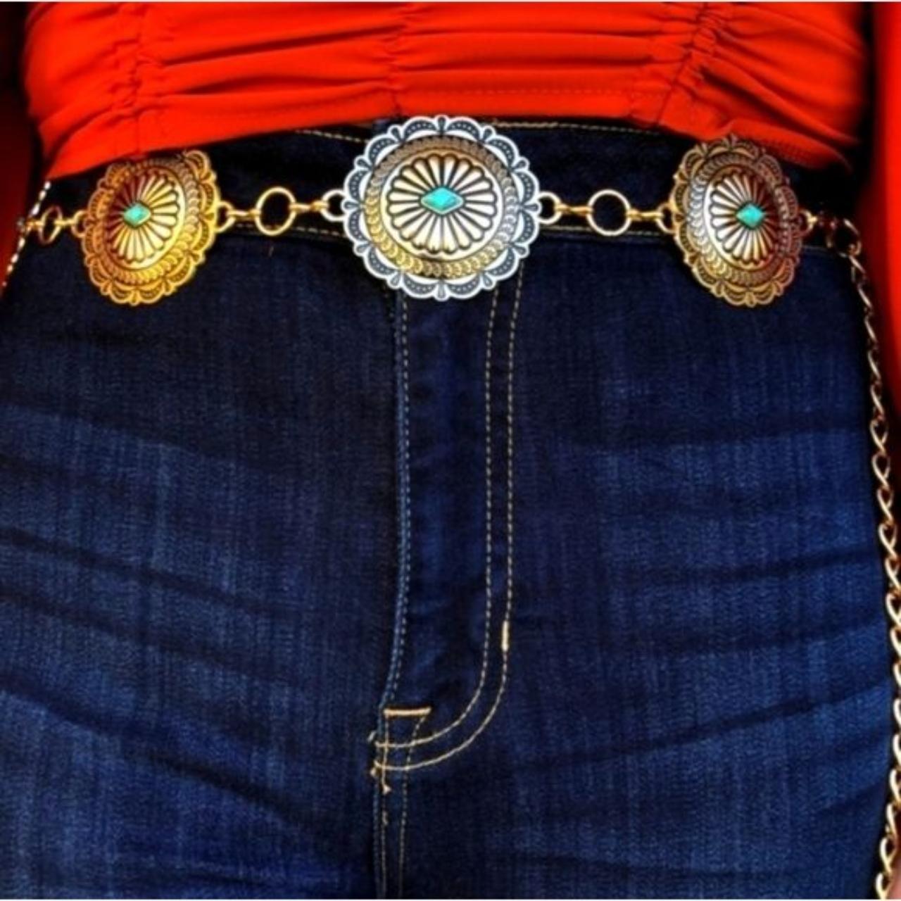 BELT GOLD TONE & TURQUISE CONCHO CHAIN NWT... - Depop