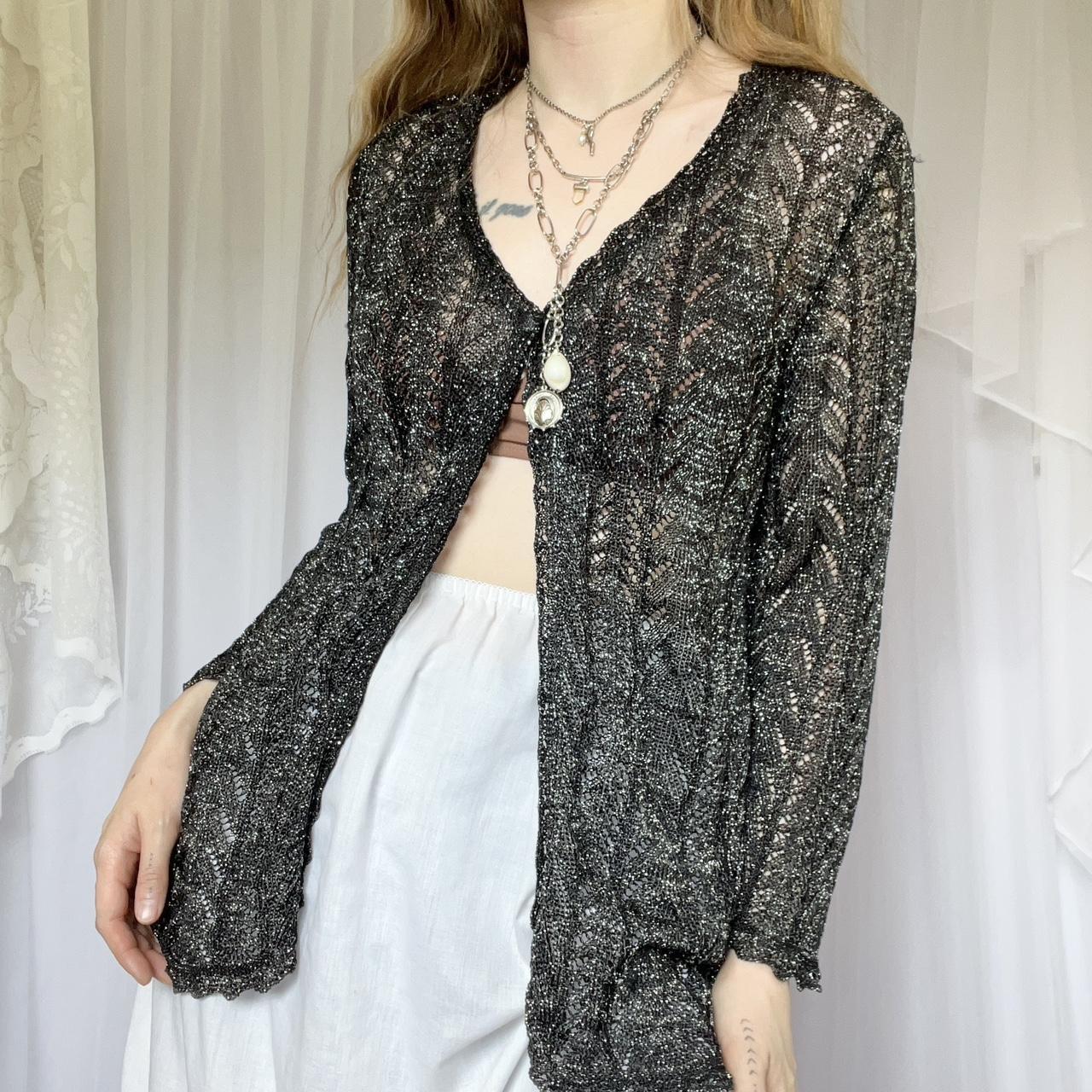 Open knit sparkly cardigan. Black open knit crochet... - Depop