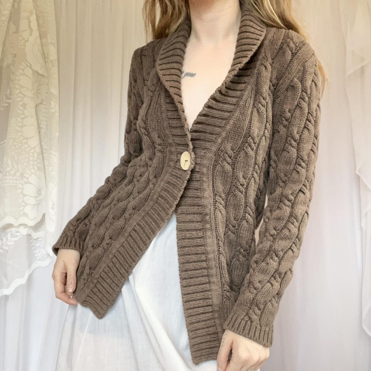 Brown cable knit cardigan. Brown cable knit open... - Depop